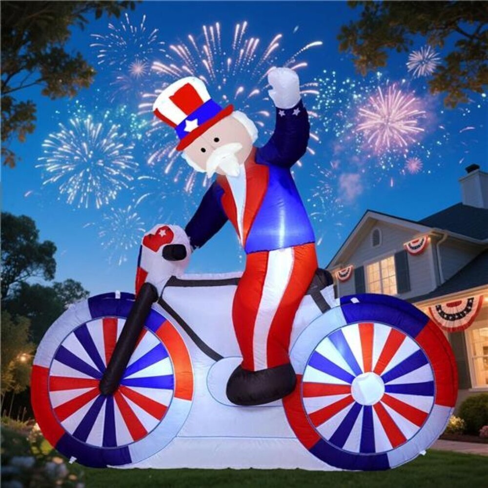 Patriotic Uncle Sam Inflatable 6ft Tall Bicycle LED Yard Decor